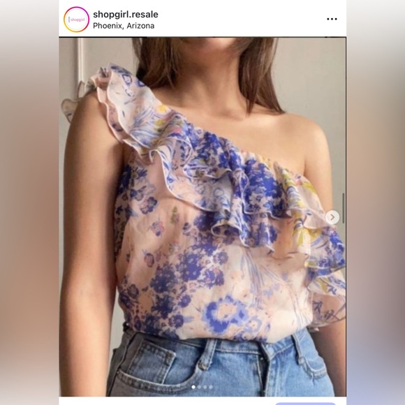 Anthropologie Tops - Anthropologie Top Leith Watercolor Blue Cream‎ Ruffle One Shoulder Blouse Maeve